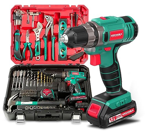 HYCHIKA DIY Werkzeugkoffer Gefüllt Profi, mit Akku Bohrschrauber 30Nm + 104-tlg Hochwertiges Haushalts-Universal Werkzeug Set + Praktische Werkzeugkastenverpackung. Für Reparaturen und Wartungen