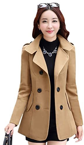 INGVY Cappotto da donna con pavone Cappotto invernale Cappotto di lana corto Cappotto da donna Cappotto di lana Autunno Giacca doppiopetto Elegante Miscela (colore: Beige, Taglia: M)