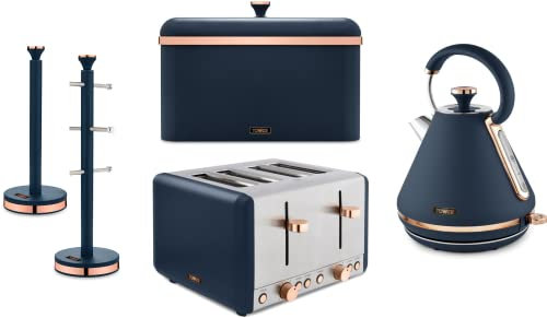 Tower Cavaletto 1.7L 3KW Pyramid Kettle, 4 Slice Toaster, Bread Bin, Mug Tree & Towel Pole. Contemporary Matching Kitchen Set of 5 in Midnight Blue & Rose Gold