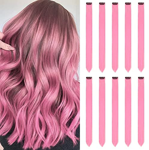 Colored Hair Extensions Clip In for Girls 22 Inch Colorful Straight Hair Extensions for Party Highlights Hair Accessories Hair Pieces for Women(10 PCS Vibrant Pink)