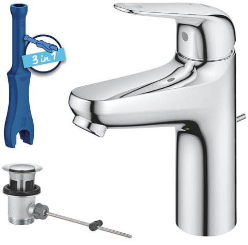 GROHE Swift, energiesparende Waschtischarmatur, Kaltwasser in Mittelstellung (Wasserhahn für Waschbecken, 18cm hoch, mit Zugstange-Ablauf, mit 3in1 Werkzeug, einfache Installation), chrom, 24328001