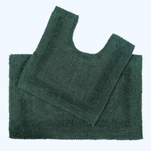 Homescapes Set di 2 tappetini da bagno verde foresta, tappetino da bagno 50 x 80 cm e tappetino WC con taglio 50 x 55 cm, tappeti da bagno in cotone con design reversibile