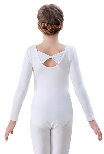 FONLAM Body da Danza Balletto per Bambine Manica Lunga Body Ginnastica Artistica Bambine Cotone (Bianco, 5-6 Anni)