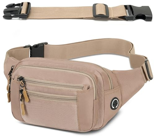 Midjeväska för män kvinnor unisex sport med justerbart bälte förlängt 30 cm och 6 fickor med dragkedja vattentät midjeväska för utomhus promenader vandring vandring cykling resor, Khaki, Taglia Unica