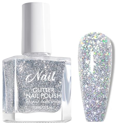 Silver Glitter Nail Varnish, Flash Nail Polish, Long-lasting Quick Dry Nail Varnish, Nail Polish Gel Low Odor Without UV Lamp Non-Toxic For Women Home DIY Nail Art Gift (Silver, 10ML)