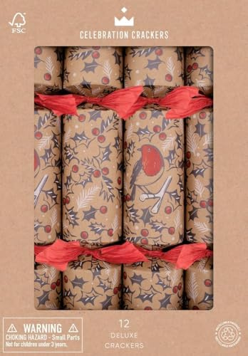 Celebration Crackers 12 x 12 Christmas Crackers - Red Robin Family Eco Cube with Eco-Friendly Gifts - FSC Recyclable Kraft Packaging