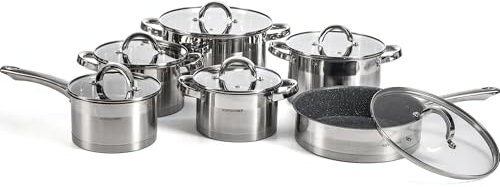 HOUSZY 12PC Cookware Set - Saucepan Frying Pan Casserole Stainless Steel Cookware Non Stick Kitchenware Glass Lids Strong Quality Long Lasting & Durable