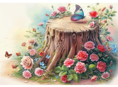 EOBROMD 5D Flowers Diamond Painting Kits for Adults, Full Round Drill Stump Diamond Art Kits, New Life Crystal Art Kits for Home Wall Decor Gifts 30x40cm