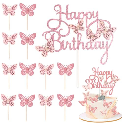 QEXUJOW Adornos no comestibles para magdalenas,La decoración de pastel de mariposa de doble capa con tarjeta de mariposa rosa es adecuada para fiestas de cumpleaños y fiestas de té de la tarde.
