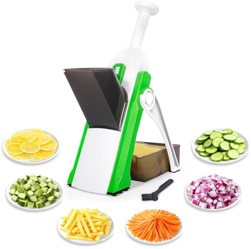 Tagliaverdure Multifunzionale Regolabile con Vaschetta Raccogli Verdure, Affetta Patate, Taglia Cipolle, Affettatrice Taglia Verdure per Cetrioli a Fette, Julienne, Mandolina, Cucina