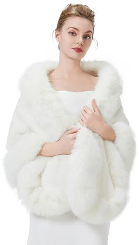 BEAUTELICATE Faux Fur Wrap Shawl Women’s Long Cape Bridal Shrug for Winter Wedding Evening (5 Colors), , Ivory