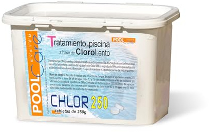 POOL CARE Chlor 250, Cloro in Pastiglie da 250 gr, Tricloro 90/250 Attivo al 90%, Igienizzante a Lenta Dissoluzione, per Piscina - 1 KG