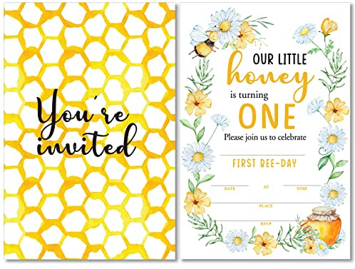Soiceu Cute Bee-Day Bee 1st Birthday Invitations with Envelopes Set of 20 Watercolors Beehive Bee 1 Year Old First Birthday Party Invites