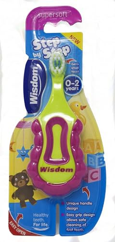 Wisdom Kids Step-by-Step Toothbrush for 0-2 Years - Gentle Cleaning, Ergonomic Handle, Extra Small Head - Perfect for First Teeth Care (Pink/Greenish)