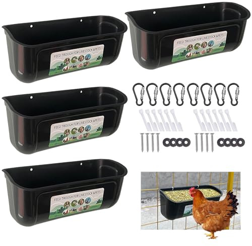 Neue große Hühnerfütterung, Zaun hängende Hühnerfütterung, große Kapazität Futtertrog Trog, Outdoor-Geflügel Futter und Wasser, Futter Hühner, Enten, Gänse, Hunde, Kühe und Schafe (4 Stück, Schwarz)