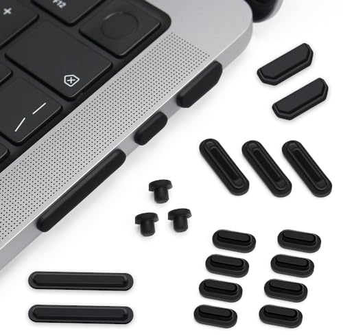 ProElife 21-delars anti-damm plugg koppar set för 2021-2024 MacBook Pro 14,2/16,2-tum M4/M3/M2/M1 Pro/Max (A3112/A3185/A3401/A3186/A3403) tillbehör silikonskydd (svart)