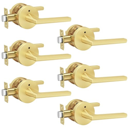 Goldenwarm Gold Door Handles, Privacy Bruhsed Gold Door Handle, Heavy Duty Zinc Alloy Interior Door Levers, Brushed Brass Door Lever Indoor for Bedroom, Bathroom, (6 Pack)