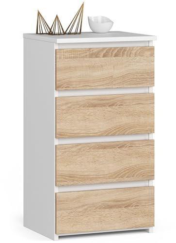 AKORD Kommode CL4 40 cm | 4 Schubladen | Schrank | für das Wohnzimmer | für das Schlafzimmer | B40 x H74 x T35 cm | Gewicht 18,4 kg | Weiß/Sonoma Eiche
