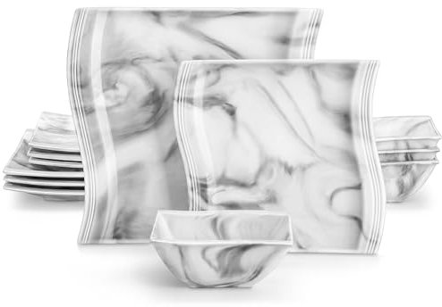 MALACASA Plates and Bowls Set, 12-Piece Modern Porcelain Dinnerware for 4, Marble Square Ceramic Dish Set, Microwave and Dishwasher Safe, Flora Series
