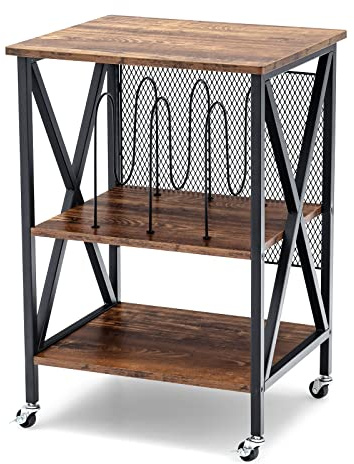 KOMFOTTEU Mueble para Tocadiscos con 4 Ruedas, Mesa para Tocadiscos de 3 Niveles con 3 Divisores, Soporte para Discos de Vinilo para 120 Álbumes, para Oficina, Salón (Marrón, sin Estación de Carga)