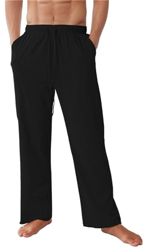 NIBESSER Pantalon Lino Hombre Verano Casual Pantalon Anchos Hombre de Lino y Algodón Transpirables Cómodos con Cordón Bolsillos Laterales Elegantes para Vacaciones Playa