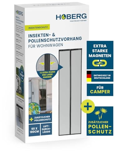 HOBERG Insekten- & Pollenschutzvorhang für Wohnwagen | Fliegengitter Tür mit XXL-Magnetbändern | Insektenschutz für Campingwagen | Pollenschutzgitter 60 x 180 cm, selbstschließend
