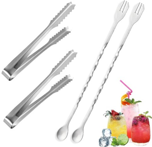QOWUXHZ 2 Pièces Pince À Glaçons Et 2 Pcs Cuillère À Mélanger En Acier Inoxydable Avec Fourchette Pince À Glaçons Pince A Sucre Pince Bonbon Pour Cuisine Café Fête Bar Et Buffet
