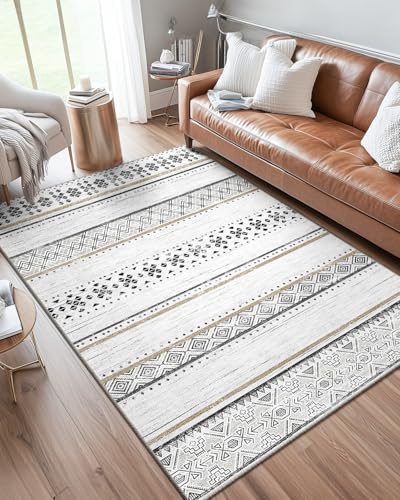 DEFYNEE Tappeto per soggiorno 120x180 cm, tappeto a pelo corto con motivo geometrico a linee, tappeto morbido, antiscivolo e lavabile per soggiorno, camera da letto e cameretta, Nero Marrone