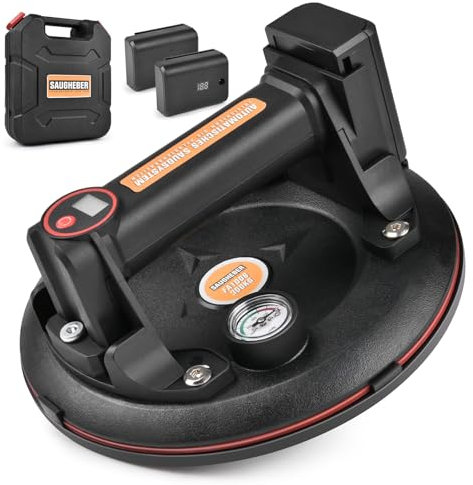 Supersaugkraft Tragkraft 300kg 2X Akku Elektrischer Saugnäpfe mit Manometer 8 Zoll mit LED Heavy Duty Vakuum Glasheber Saugheber Fliesenheber Transport von Fliesen Glas Platten Laminat Marmor