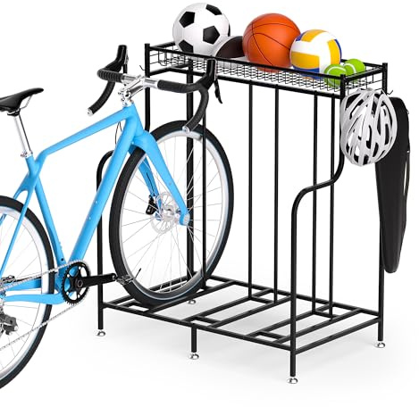 WATSABRO Fahrradständer Boden, Fahrradhalterung Boden mit 3 Fahrradständer Garage Stellplätze, Extra Breiten Korb, 2 Haken, Fahrradabstellständer Bodenparker für Rennrad Ebike MTB