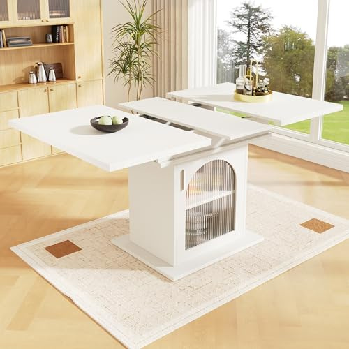 Merax Ausziehbarer Esstisch 140×80cm, Weiß Mit Stauraum, Moderner Minimalistischer Platzsparender Multifunktionaler Tisch Mit 2 Ablageebenen, L110/140*W80*H76cm