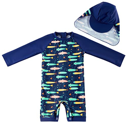 UMELOK Conjunto de Natación Bebé con Protección Solar Máxima UPF50+ - Diseño con Capucha, Mangas Largas y Material Transpirable 68/74 Pescado Azul