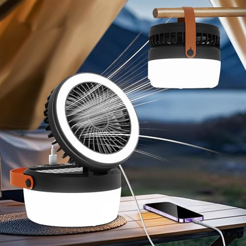 Lampada da Campeggio Ricaricabile, Lanterna Campeggio Solare Esterno con Ventola, 4 Modalità di illuminazione, 3 velocità del vento per Campeggio, Pesca, Attrezzatura di Emergenza per Blackout-Nero