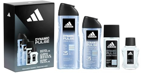 Adidas Dynamic Pulse Aftershave Giftset - 1.6 fl oz EDT + 2.5 fl oz + 8.4 fl oz + 13.5 fl oz Shower Gel, Notes of Mint, Apple, and Wood, Men's Fragrance, Long Lasting, Sporty