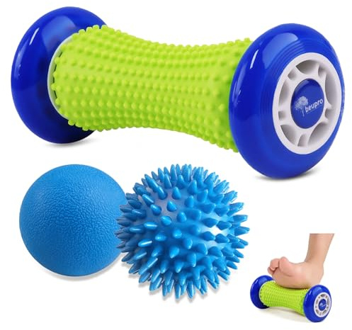 beupro - Set di 3 rulli massaggianti per fascite plantare, palla Lacrosse e palla massaggiante con punte, bastone per il recupero della fascite plantare e rilassamento muscolare (blu)