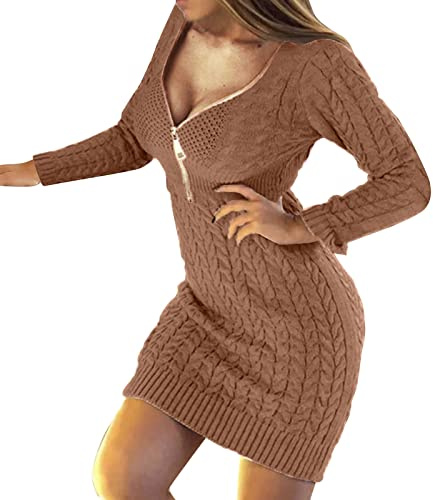 Pull Femme Col V, Robe Courte Moulante Sexy Femme, Pull Women Hiver Chaud Laine, À Manche Longue CôTelé Couleur Unie Chaud Casual Pullover Mini à Zippé Tresser CôTelé