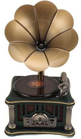 FAUOSWUK Altavoz Bluetooth De Gramófono Vintage, Diseño Retro De Tocadiscos, Altavoces Dobles De Alta Fidelidad, Radio FM, Bluetooth 5.0 Inalámbrico (Verde)