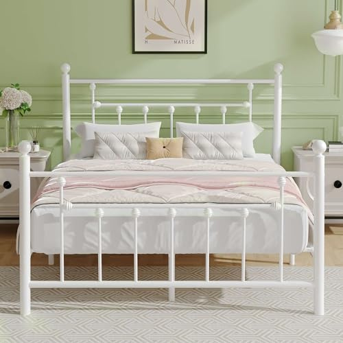 VECELO 4ft6 Double Bed Frame, Metal Platform with Victorian Style Headboard, Heavy Duty Steel Slat Support, No Box Spring Needed Mattress Foundation, Underbed Storage Space, Easy Assemble