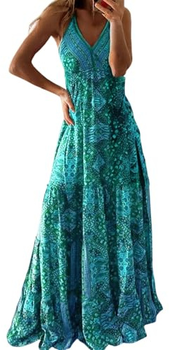 Robe Longue Grande Taille Été Femme sans Manches à Fines Bretelles Col V Profond Taille Haute Jupe Ample Fluide Imprimé Ethnique Bohème Léger Respirant Robe de Plage Sortie Vacances(Green,XXXL)