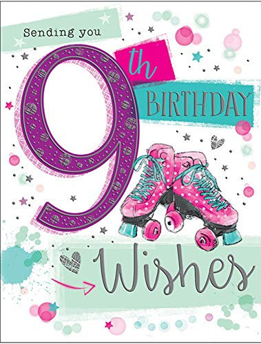 Piccadilly Greetings Group Ltd Tarjeta de felicitación de 9 cumpleaños para niña de 9 años, patines de ruedas, 7.3 x 5.6 x 0.12 pulgadas; 20 gramos, rosa