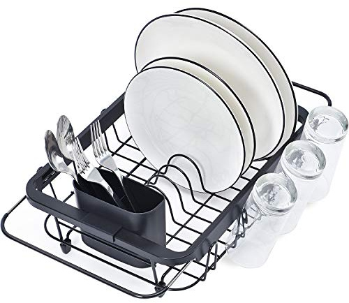 KINGRACK Scolapiatti da Appoggio per Allungabile, Scolapiatti per Asciugare Utensili da Cucina, Con Portaposate e Portabicchieri, Nero