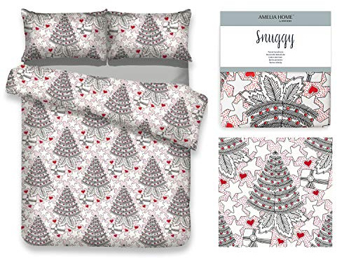 AmeliaHome 2 Pezzi Biancheria da Letto in Flanella, 155 x 220 cm, con 1 Federa 80 x 80 cm, 100% Cotone, con Chiusura Lampo, Motivo Albero di Natale, Stelle bianche e Rosa