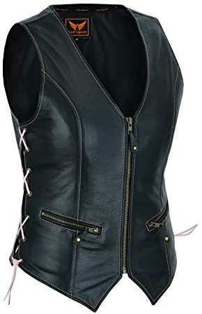 Women Motorcycle Biker Classic Vest Genuine Cowhide Leather Vest With Gun Pocket (Black with Pink Side Laces, Large)