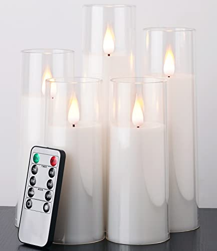 Amagic Pure White Flameless Candles, Battery Operated Candles, Acrylic Flickering LED Pillar Candles with Remote Control and Timer, 3D Wick, Yellow and Blue Glow, D2.2 xH5 5 6 7 8, Set of 5