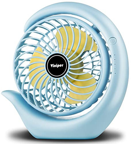 viniper Portable Rechargeable Fan, Small Desk Fan : 3 Speeds & 8-24 Hours Longer Working, 180° Rotation, Optimised Portable USB Battery Fan (Light Blue, Yellow Blade)