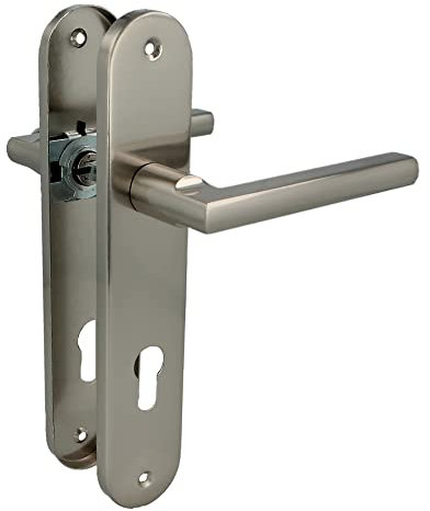 Amig - Jeu de poignées avec plaque en acier pour porte | Mod. MAI PB85 | 240 x 45 mm | Carré de 8 mm | Design élégant et simple | Avec embout buccal | Aluminium Nickel brossé