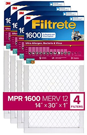 Filtrete Ultra Allergen 2X Bacteria & Virus Filter (1600 MPR), 30x14x1 (4 Pack)