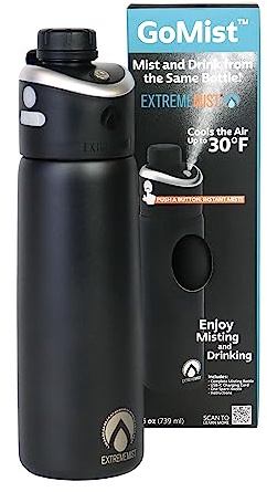 Extreme MIST - GoMist Misting & Drinking Bottle - Personal Mister - Cooling Water Bottle w/Easy-Drink Spout - Stainless-Steel Double Wall Insulated - Portable Misting - Midnight Black, 25oz/750ml