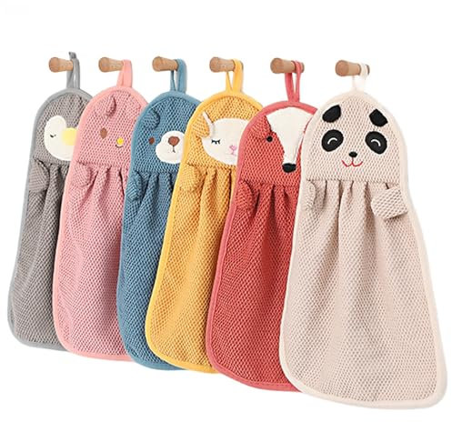 Sporgo 6 Stück Handtücher für Kinder: Kinderhandtuch Süßer Tier Mikrofaser Absorbierende Handtücher Saugfähig Schnell Trocknend, Waschhandschuh mit Aufhängerschlaufe für Küchen und Badezimmer