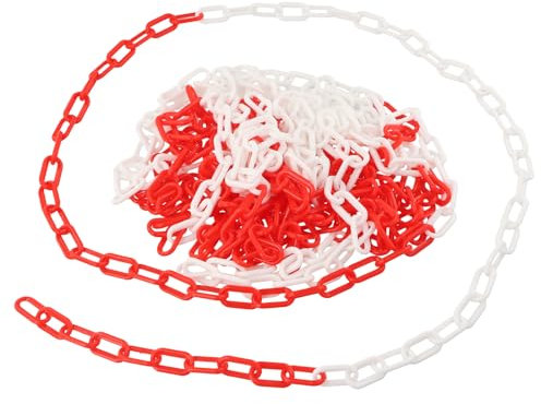 Wisebom Cadena de Barrera de Plástico 10mx6mm, Cadena de Seguridad Advertencia Alta Visibilidad, Cadena de Plástico para Aparcamiento Control de Multitudes (Blanco y Rojo)